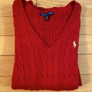 Ralph Lauren red cable knit V-neck sweater sz M